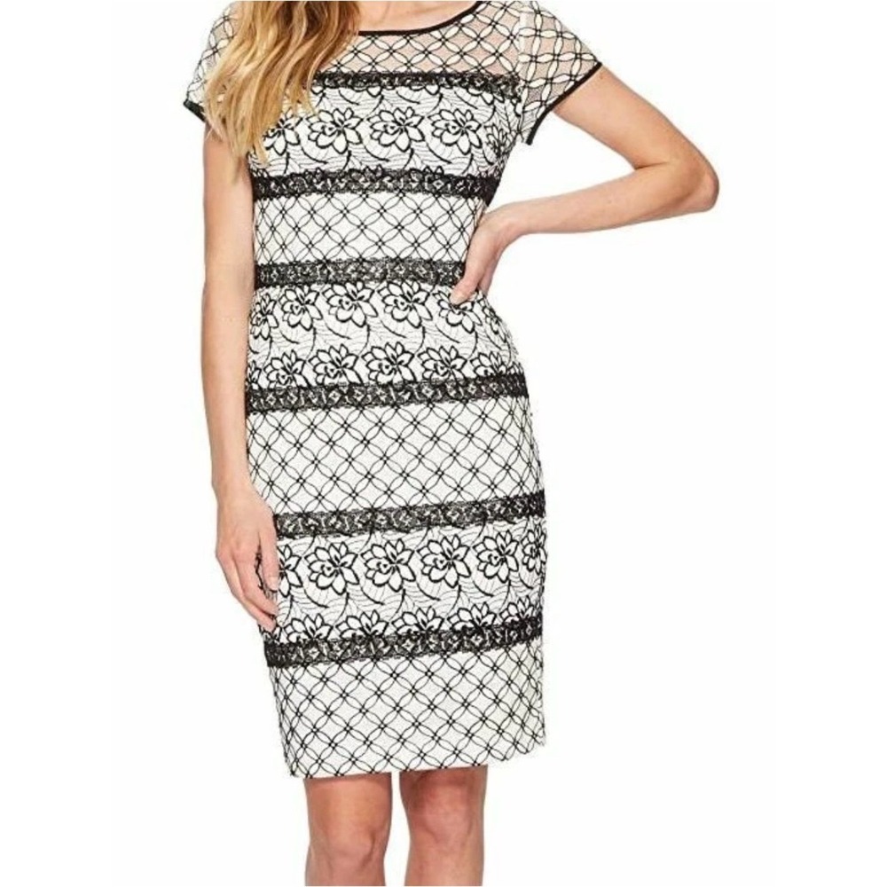 *Adrianna Papell Black Lace Overlay on White Midi Sheath